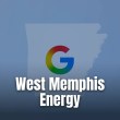 A colorful Google G logo centered over a faint map outline of Arkansas on blue background.