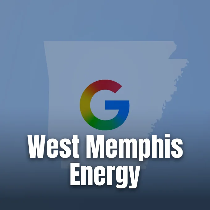 A colorful Google G logo centered over a faint map outline of Arkansas on blue background.