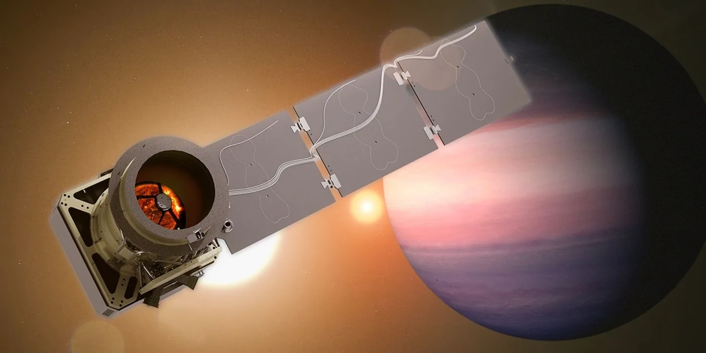 Artist concept of the Pandora spacecraft observing an exoplanet transiting in front of its host stars.