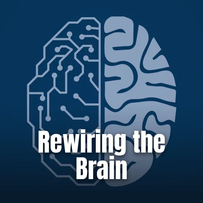 A stylized digital illustration showing a human brain divided into circuit board patterns and organic neural convolutions.