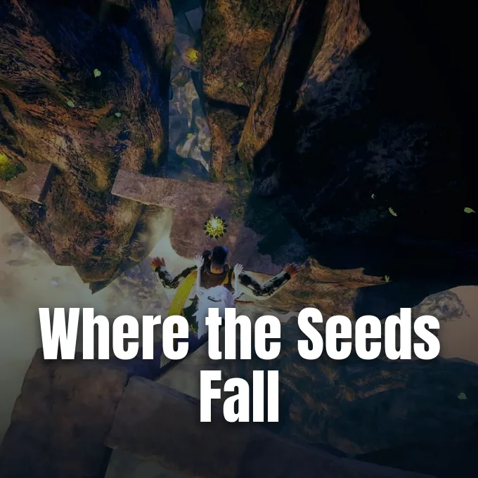 A hooded character in a yellow cloak navigates rocky terrain from a high angle perspective.