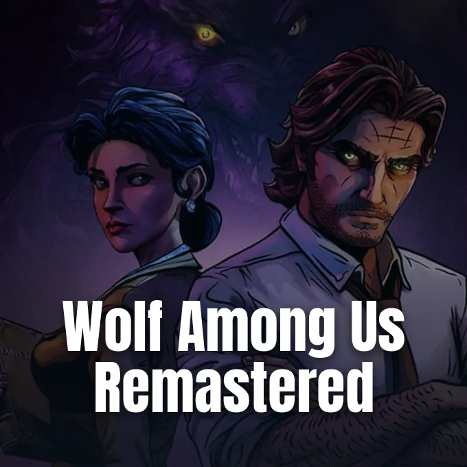 Bigby Wolf and Snow White standing against a dark purple background with a shadowy wolf figure.
