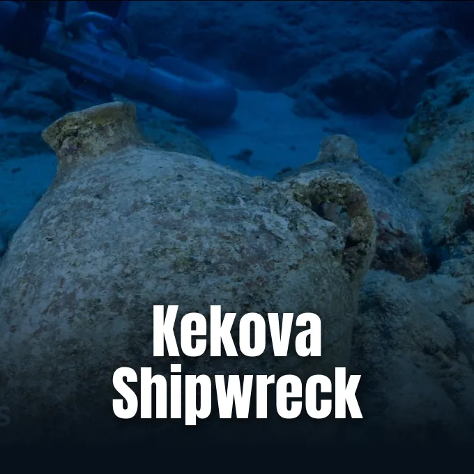 An ancient amphora resting on the seabed during an underwater archaeological excavation of a shipwreck.