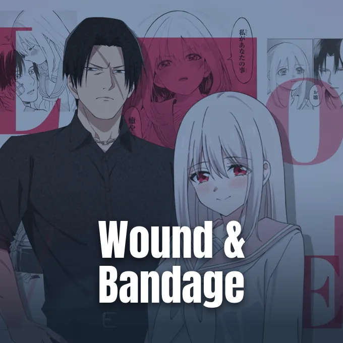 Anime characters featuring a man in a black shirt and a silver-haired girl smiling beside him.