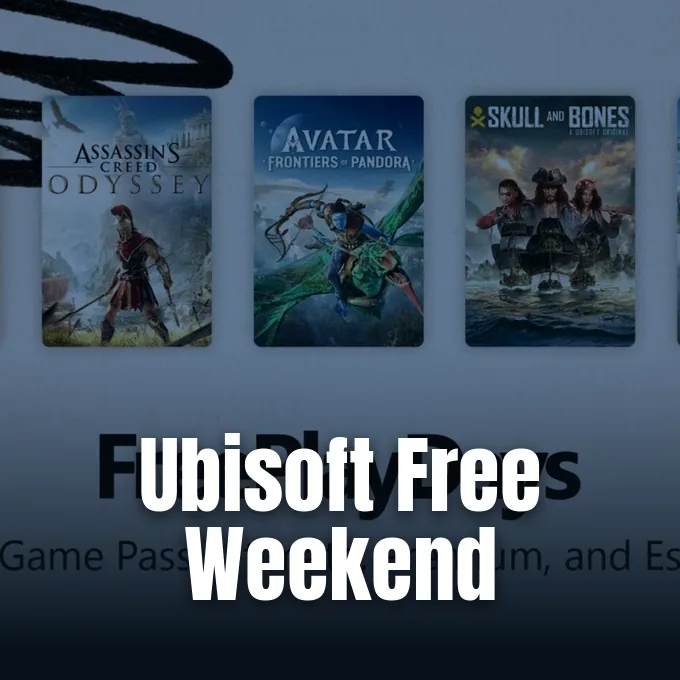 Promotional artwork for the Xbox Free Play Days event featuring Ubisoft console titles.