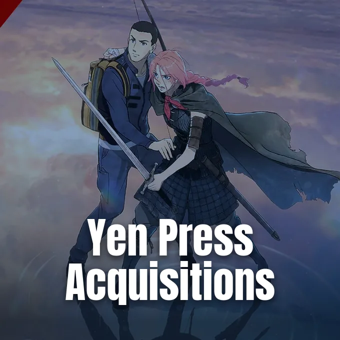 Two anime fantasy characters holding swords and preparing for combat against a dramatic sky background.