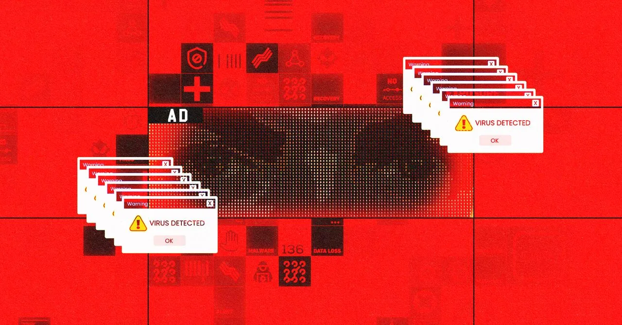 Digital artwork illustrating zero-click spyware distributed through mobile advertisements.