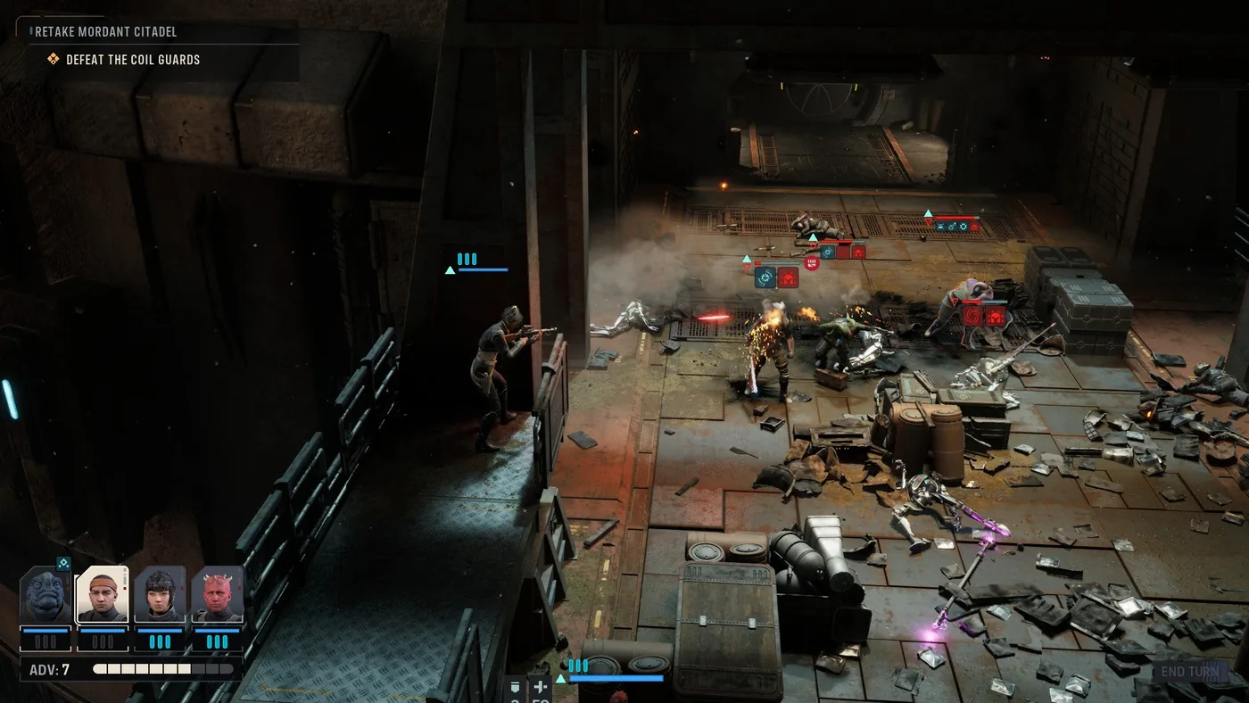Jae engages hostile droids during tactical squad combat in Star Wars Zero Company.