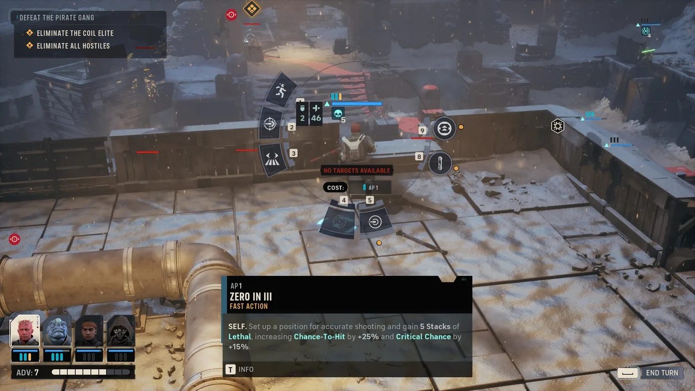 Hawkes prepares the Zero In sniping ability in tactical combat.