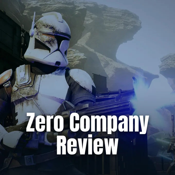 A Star Wars clone trooper in battle armor firing a blaster weapon in a rocky landscape
